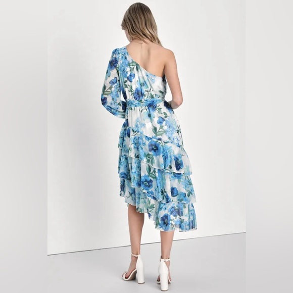 New Sz XS Lulus Such Sweetness Blue Floral Print Tiered Ruffled Midi Dress - Picture 4 of 5